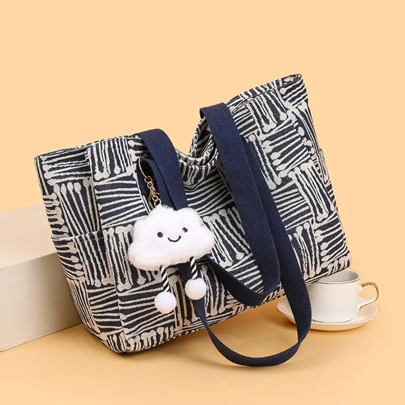 Korean Student Tote Bag with Cute Pom Pom Handle
