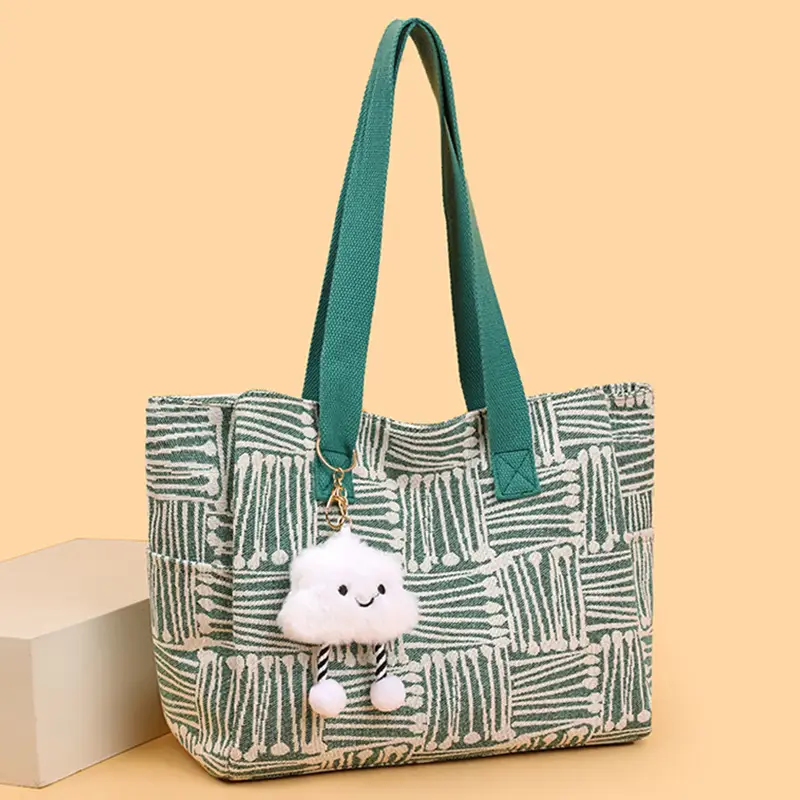 Korean Student Tote Bag with Cute Pom Pom Handle