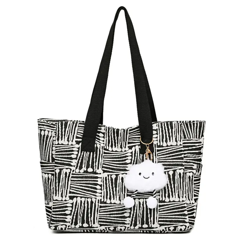 Korean Student Tote Bag with Cute Pom Pom Handle