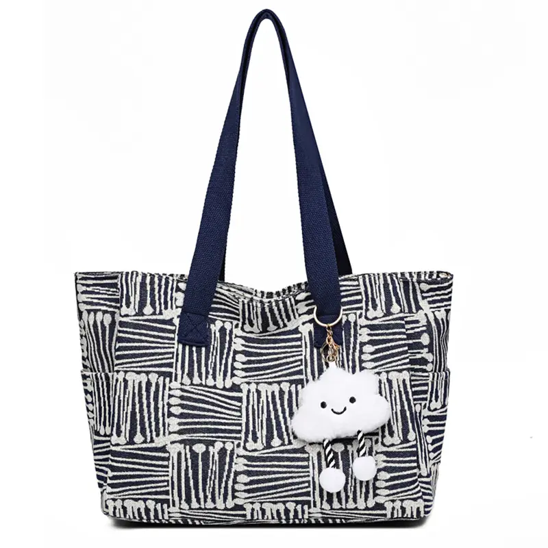 Korean Student Tote Bag with Cute Pom Pom Handle