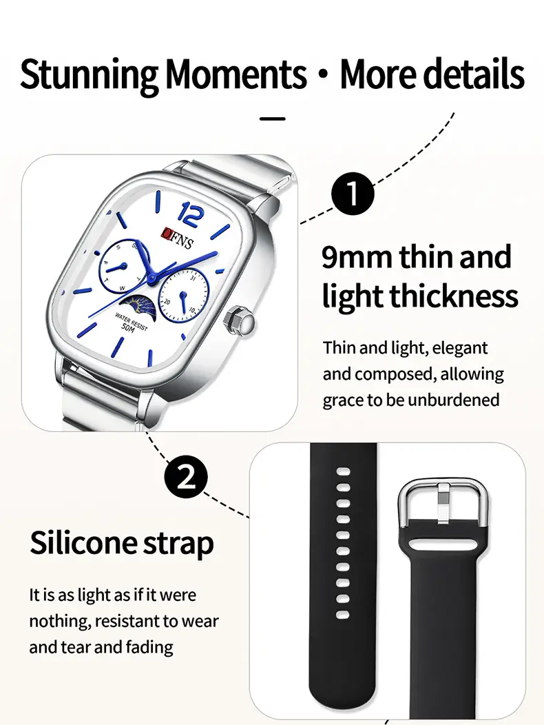 Ofns Men's Square Calendar Watch with Silicone Strap — feature 40