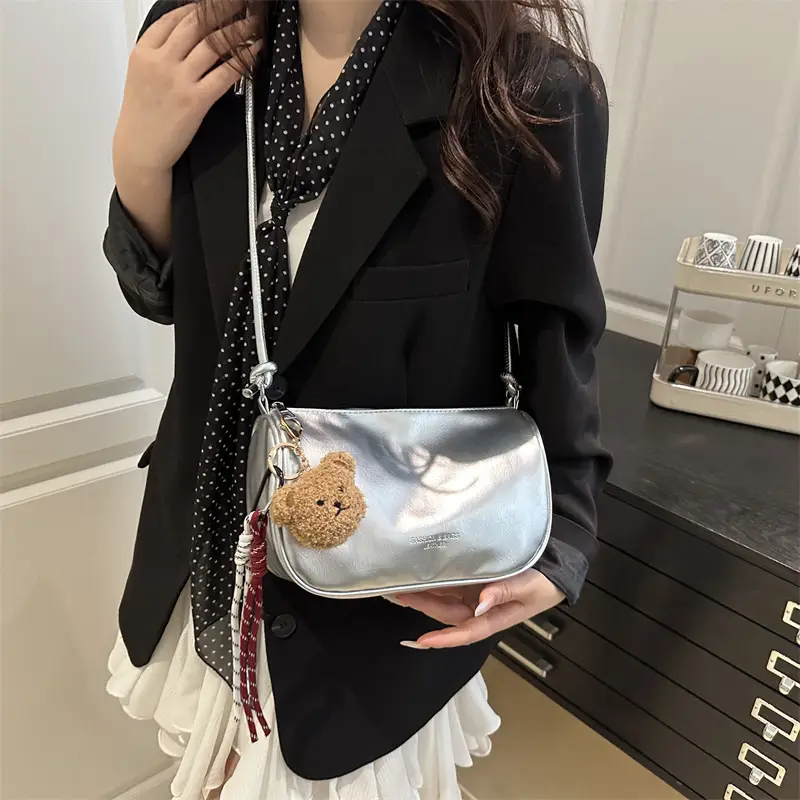 Women's White Crossbody Bag with Teddy Bear Decor - Image 14