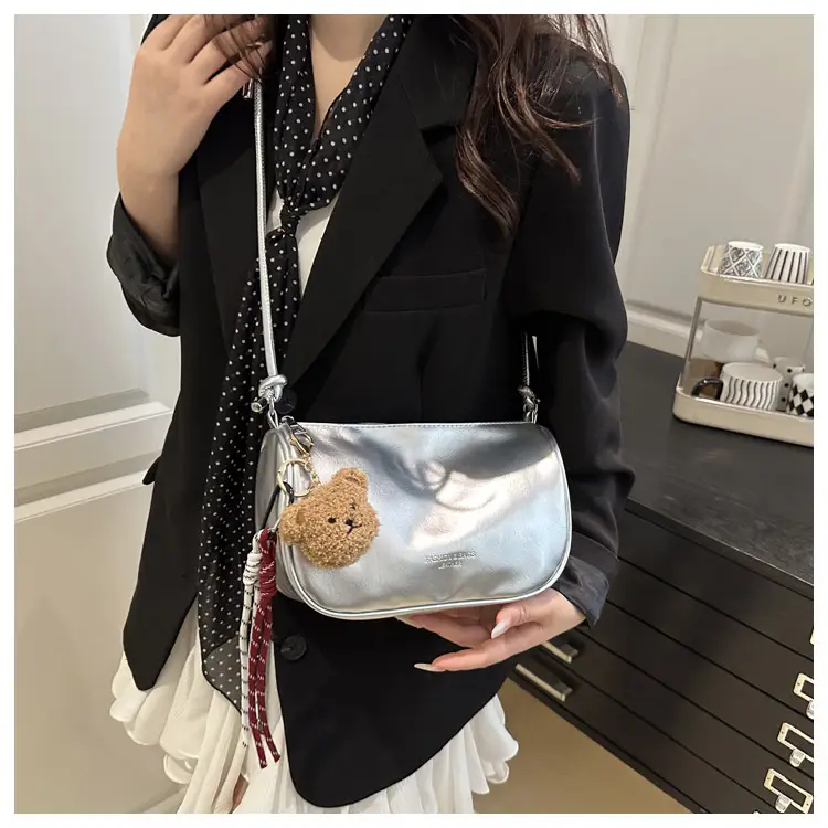 Women's White Crossbody Bag with Teddy Bear Decor — feature 11