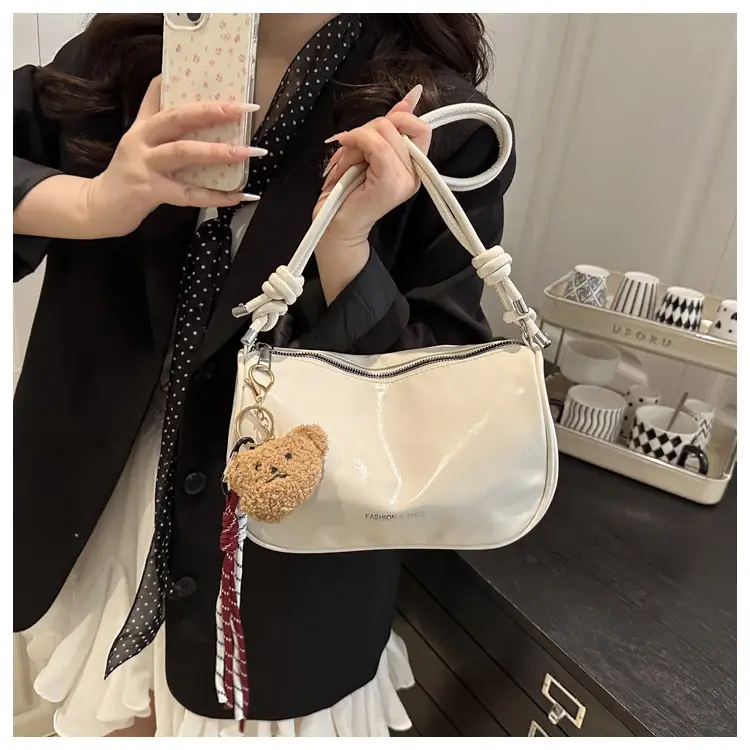 Women's White Crossbody Bag with Teddy Bear Decor — feature 12