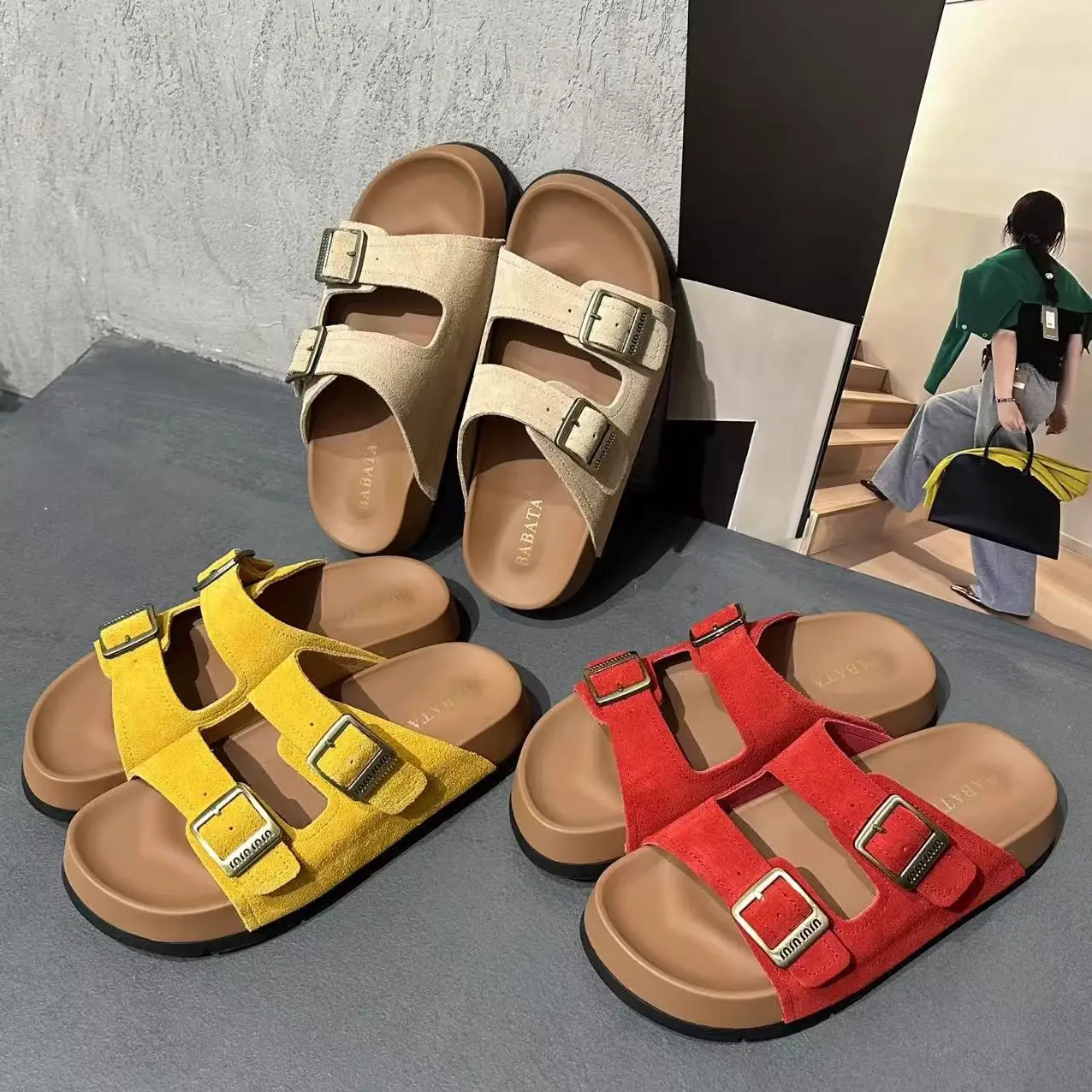 Women's Beige Leather Birkenstock Slippers Summer Flat Sandals - Image 6