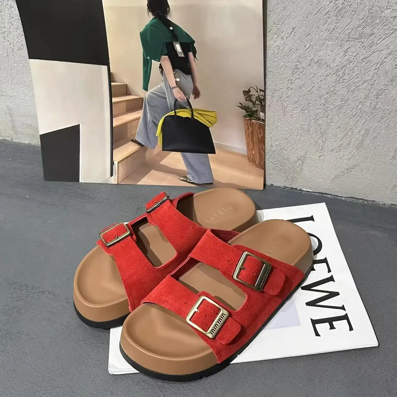 Women's Beige Leather Birkenstock Slippers Summer Flat Sandals - Image 8