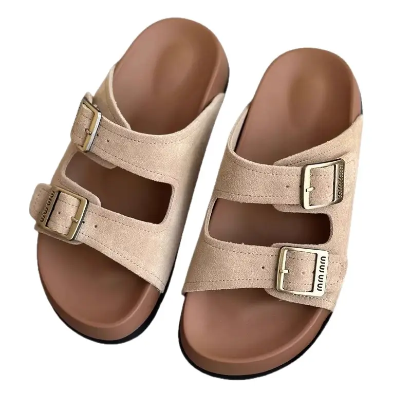 Women's Beige Leather Birkenstock Slippers Summer Flat Sandals - Image 9