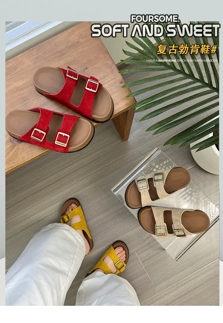 Women's Beige Leather Birkenstock Slippers Summer Flat Sandals — feature 2