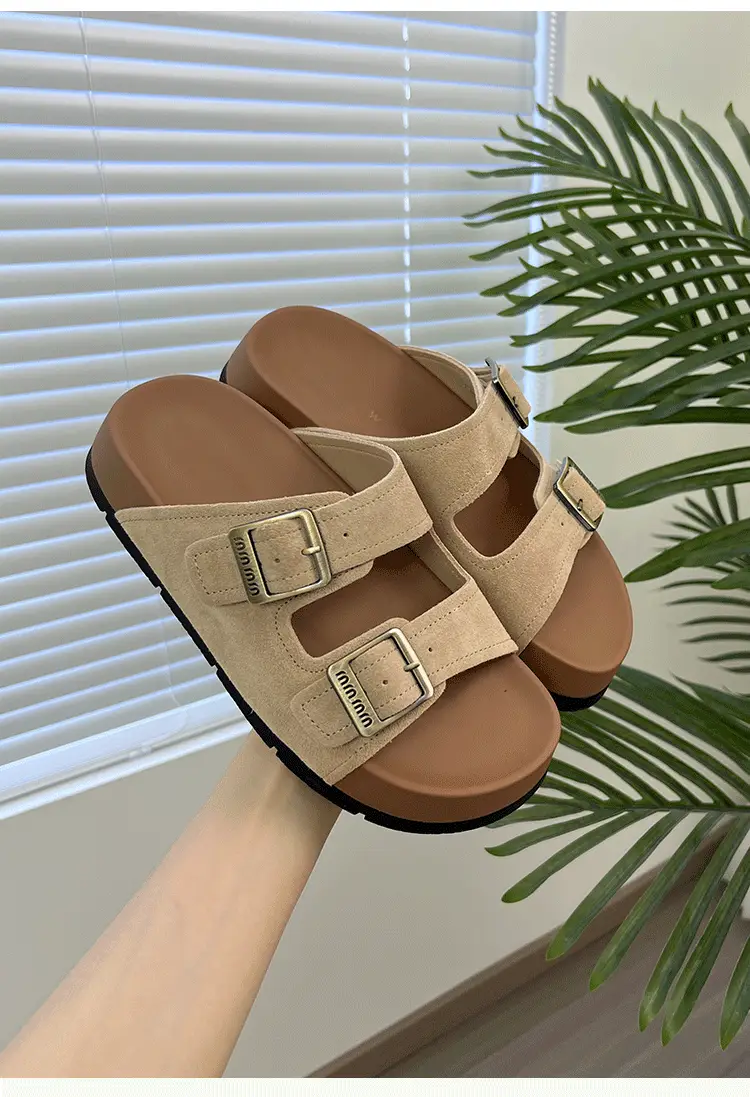 Women's Beige Leather Birkenstock Slippers Summer Flat Sandals — feature 6