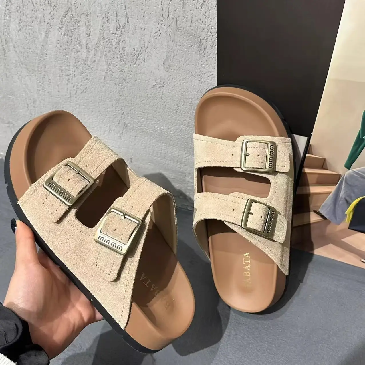 Women's Beige Leather Birkenstock Slippers Summer Flat Sandals - Image 2