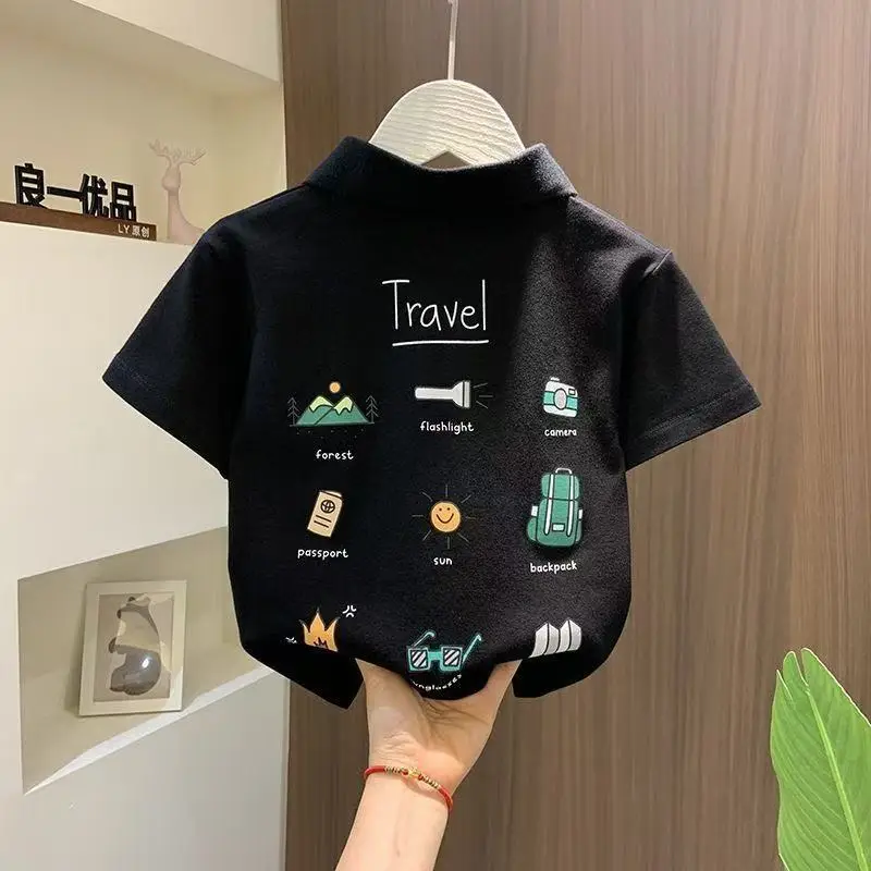 Children's Printed Travel T-Shirt Black Short Sleeve - Image 5