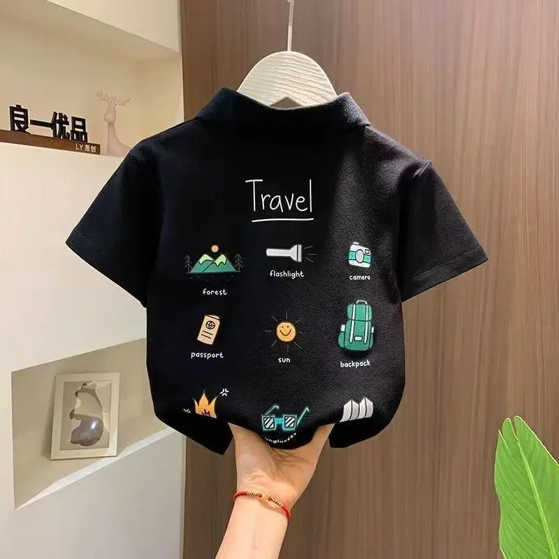 Children's Printed Travel T-Shirt Black Short Sleeve - Image 2