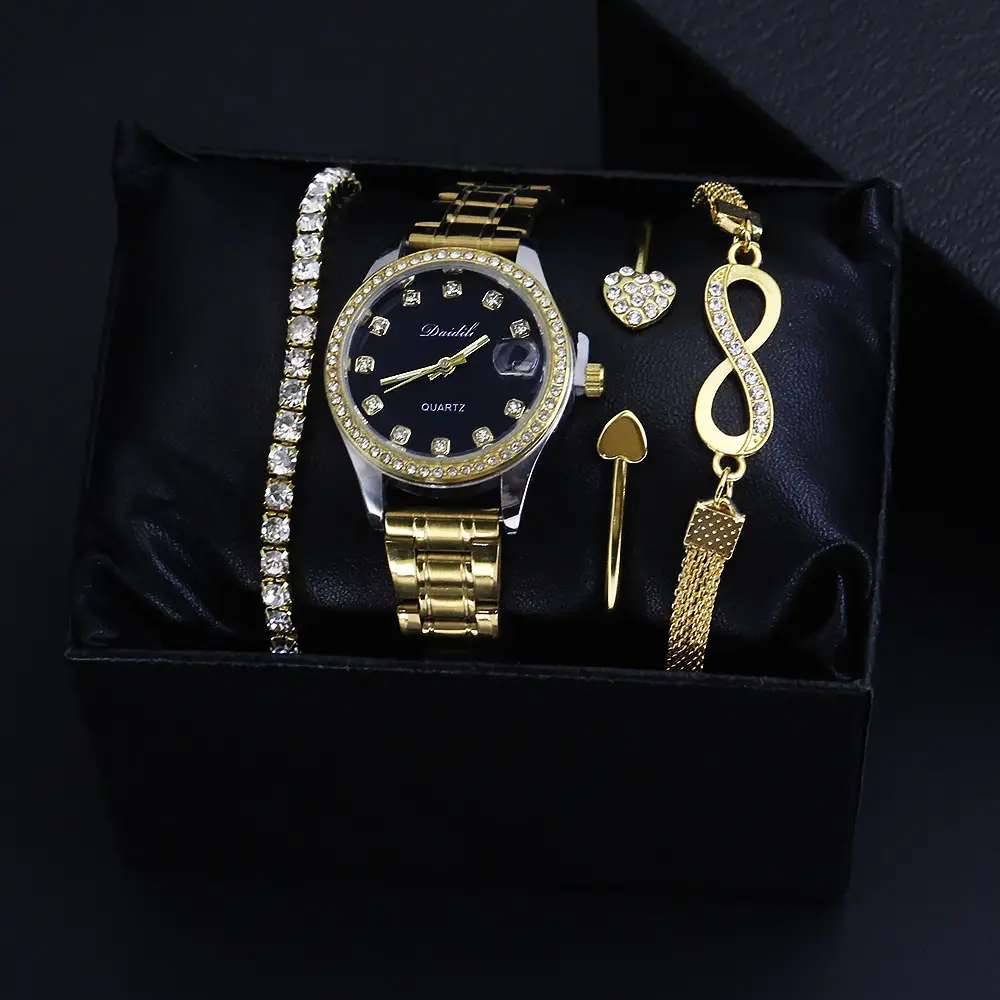 High-Looking Women's Quartz Watch Bracelet Set Gold Black
