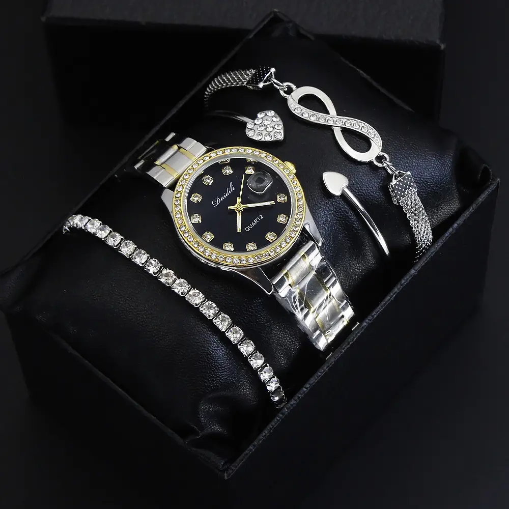 High-Looking Women's Quartz Watch Bracelet Set Gold Black