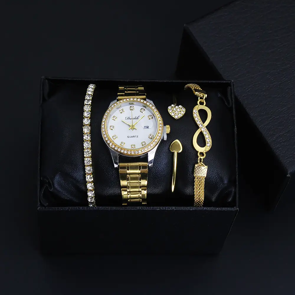 High-Looking Women's Quartz Watch Bracelet Set Gold Black