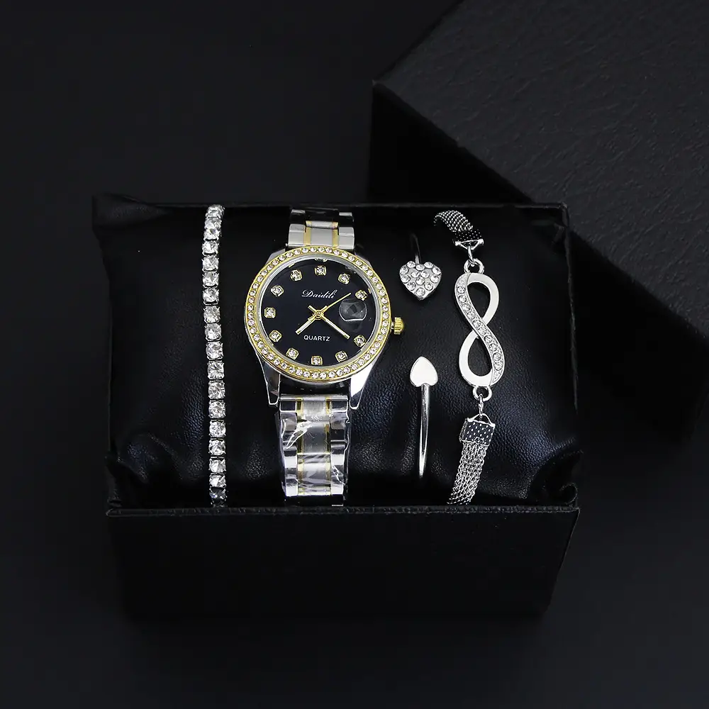 High-Looking Women's Quartz Watch Bracelet Set Gold Black