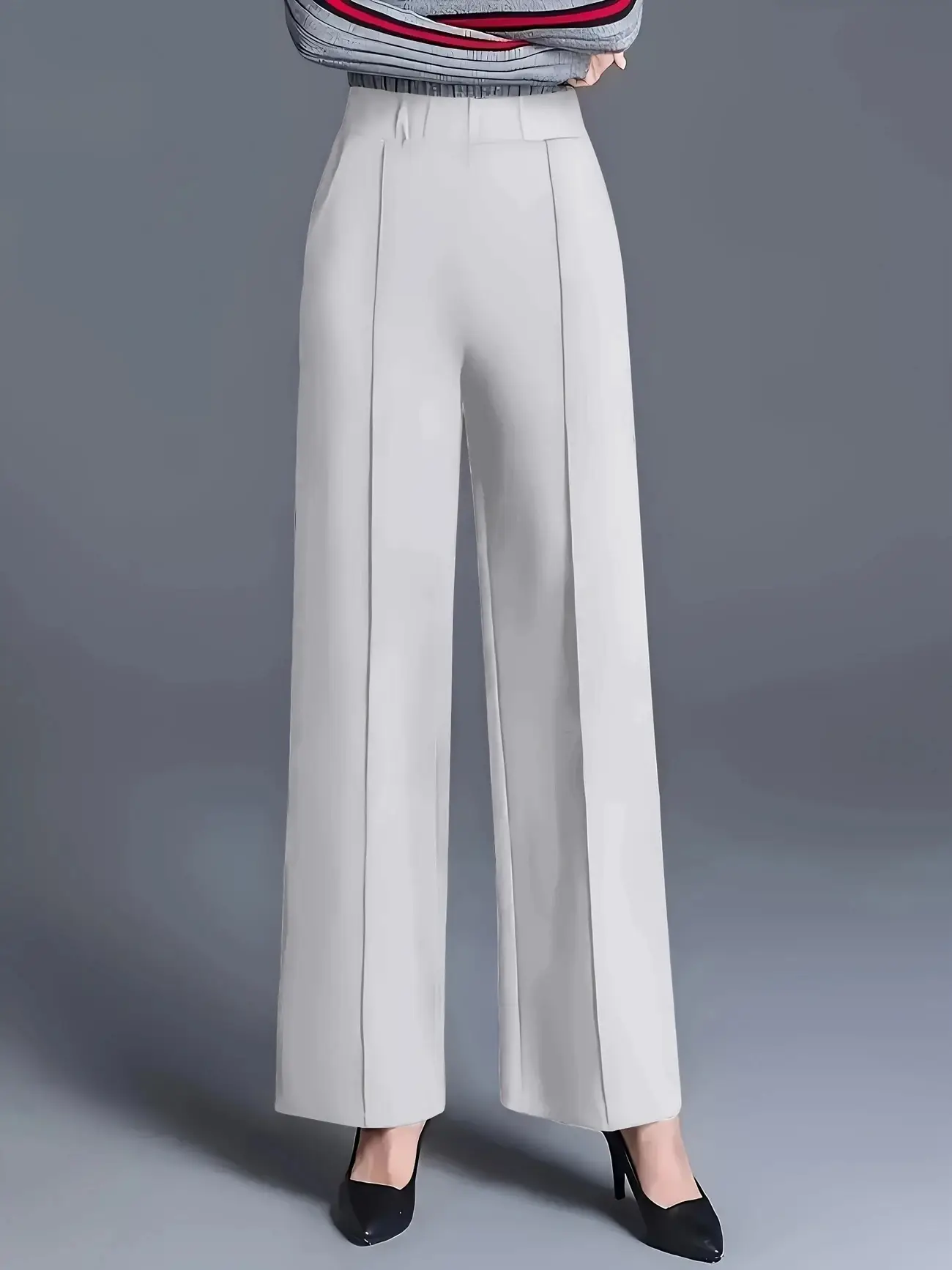 Women's Wide Leg High Waist Pants Grey Loose Slimming - Image 2
