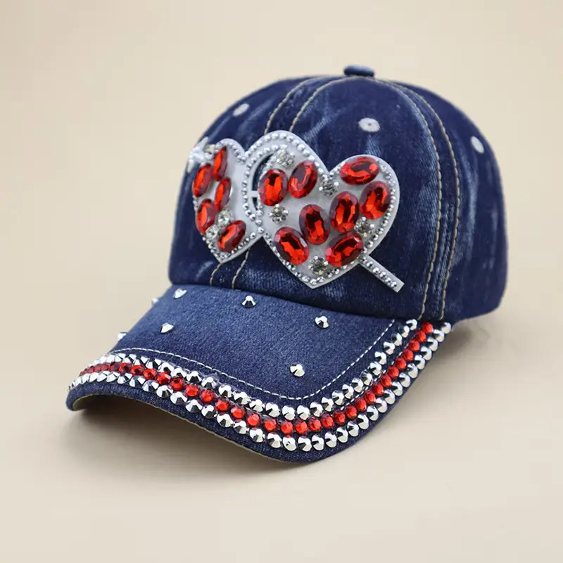 Blue Heart Rhinestone Denim Cap for Girls
