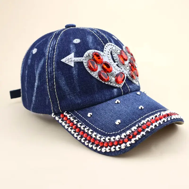 Blue Heart Rhinestone Denim Cap for Girls