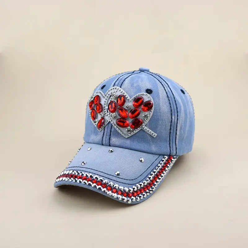Blue Heart Rhinestone Denim Cap for Girls