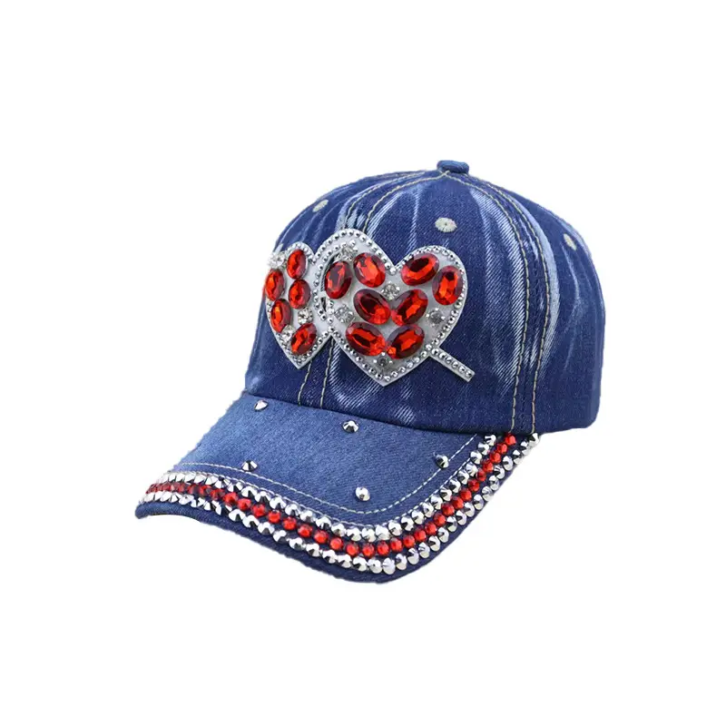 Blue Heart Rhinestone Denim Cap for Girls