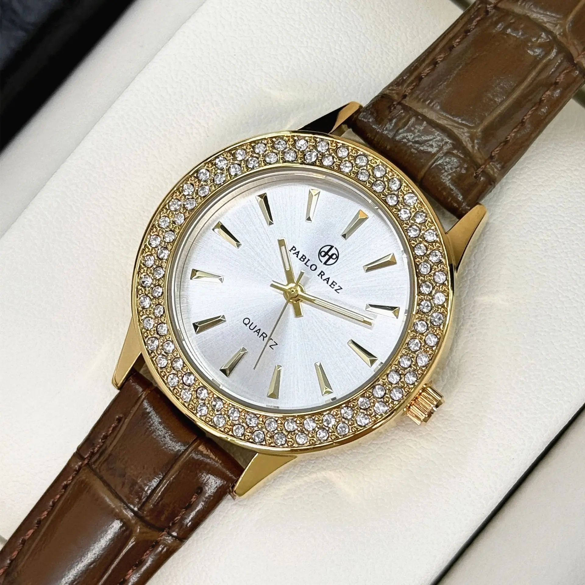 Faux Diamond Watch for Women Brown Leather Strap - Image 4