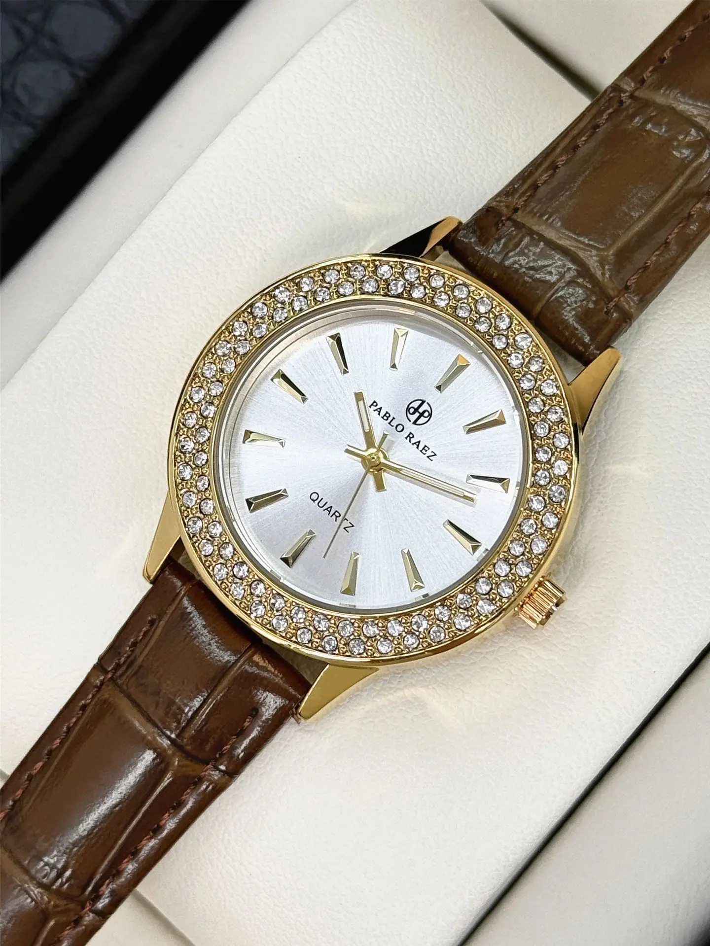 Faux Diamond Watch for Women Brown Leather Strap — feature 10