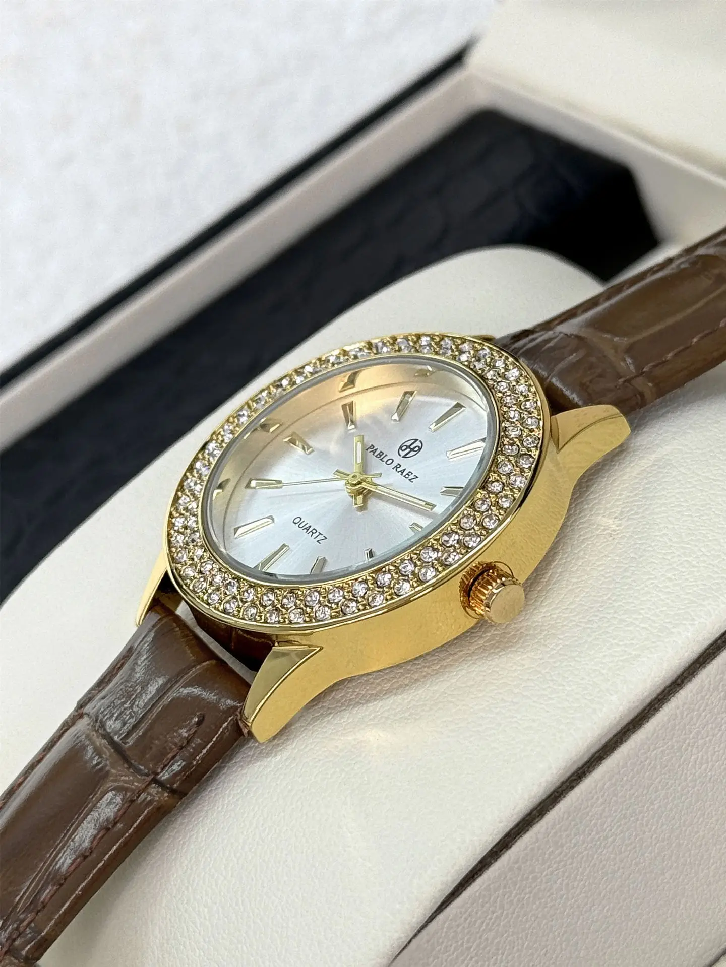 Faux Diamond Watch for Women Brown Leather Strap — feature 12
