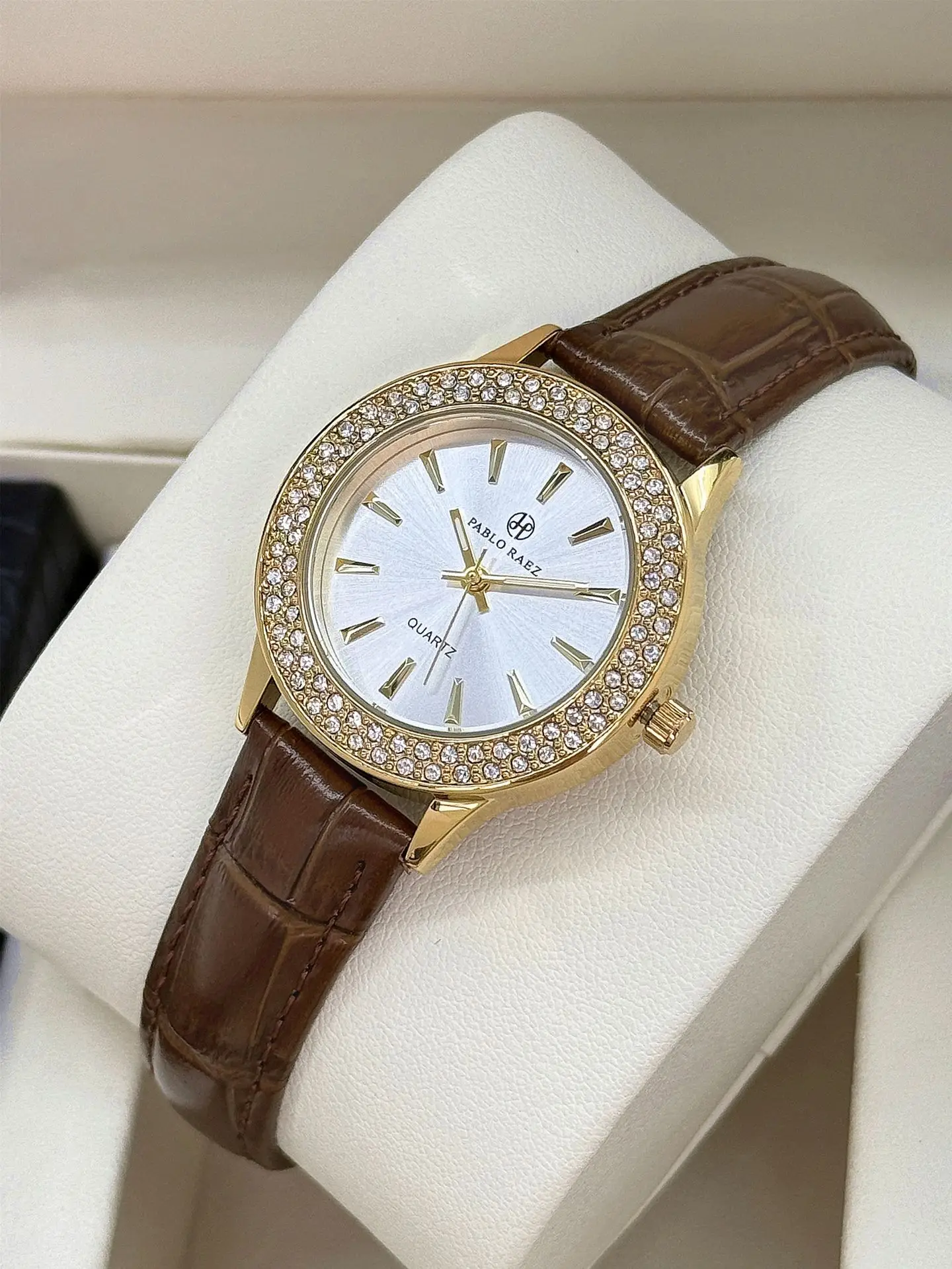 Faux Diamond Watch for Women Brown Leather Strap — feature 16