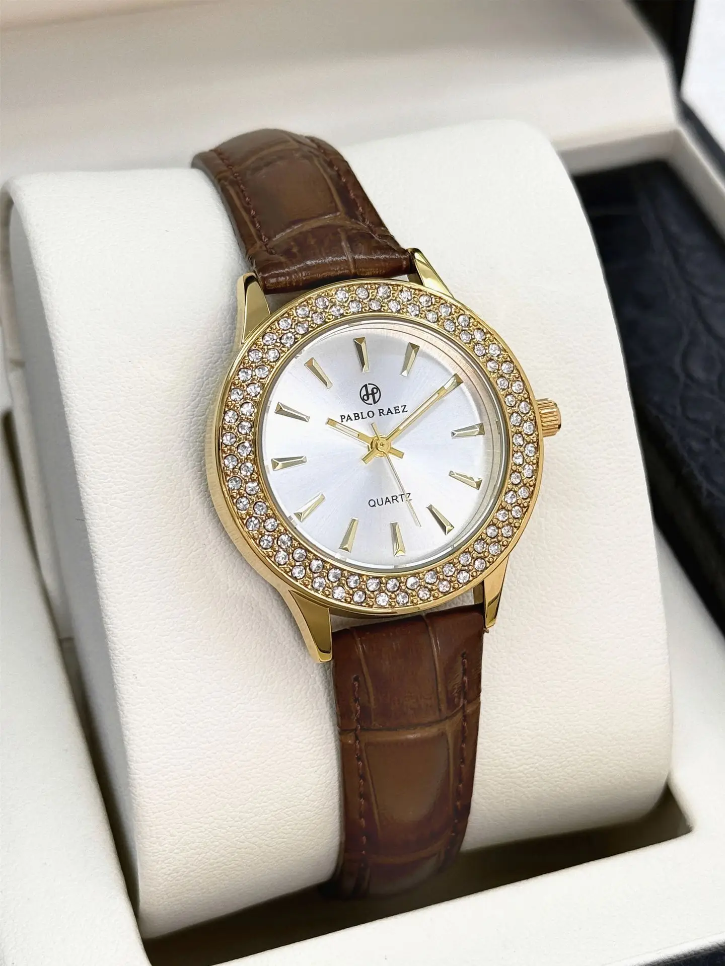 Faux Diamond Watch for Women Brown Leather Strap — feature 17