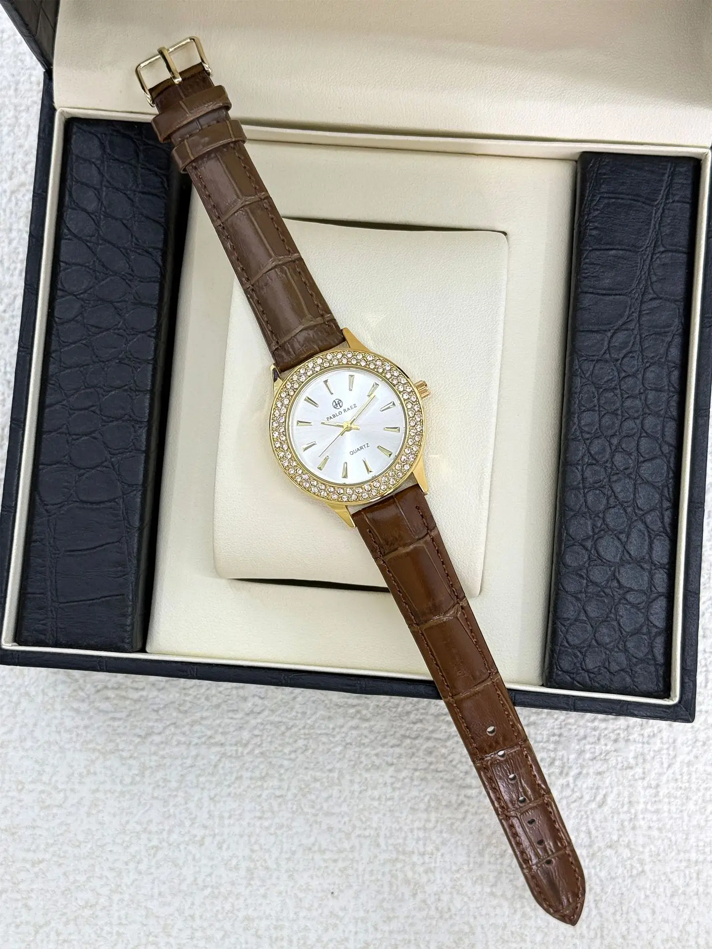 Faux Diamond Watch for Women Brown Leather Strap — feature 8