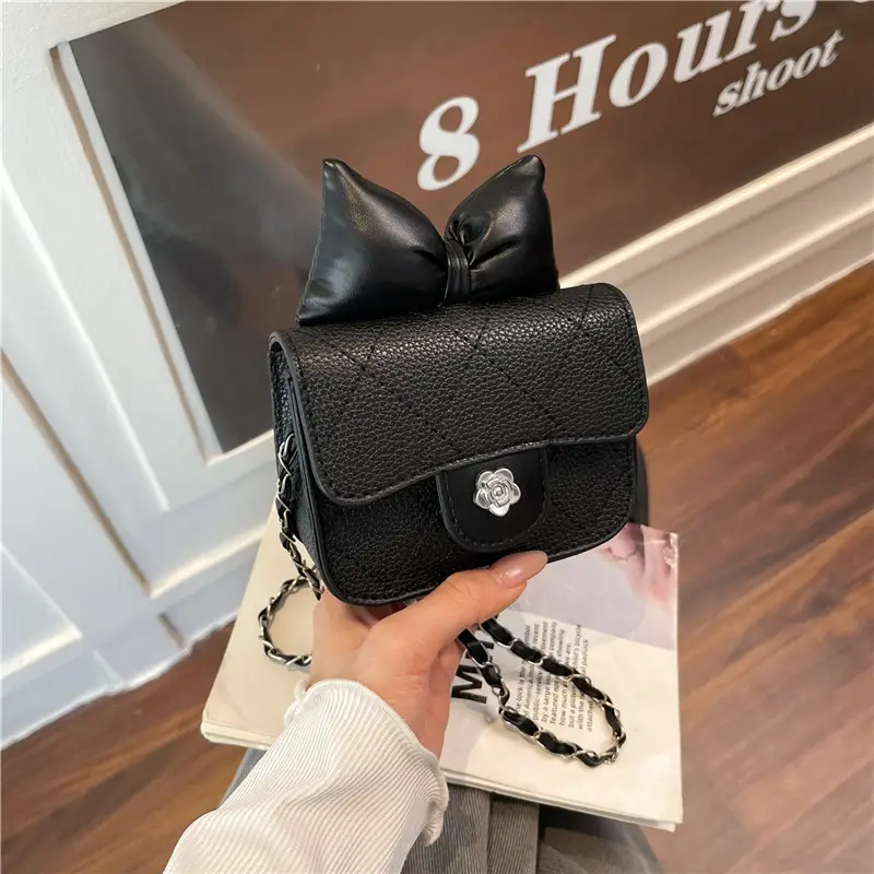 2025 Girls Bow Crossbody Bag Black Embroidered