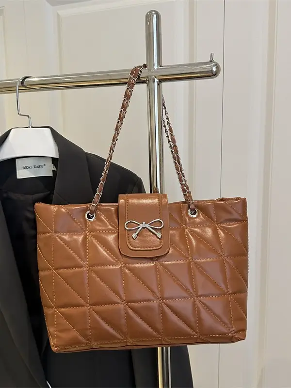 Brown Quilted Chain Tote Bag Large Capacity 2026