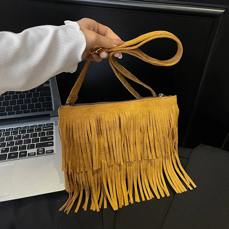 Frosted Tassel Crossbody Bag Yellow Summer - Image 5