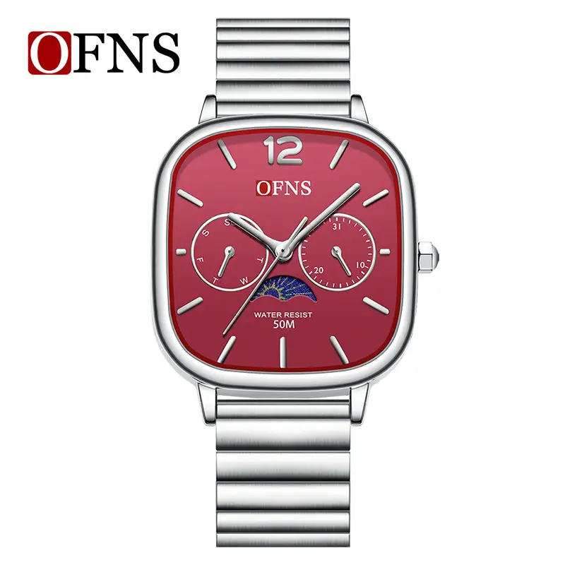 Oufs Women's Square Watch with Red Dial & Bamboo Strap - Image 11