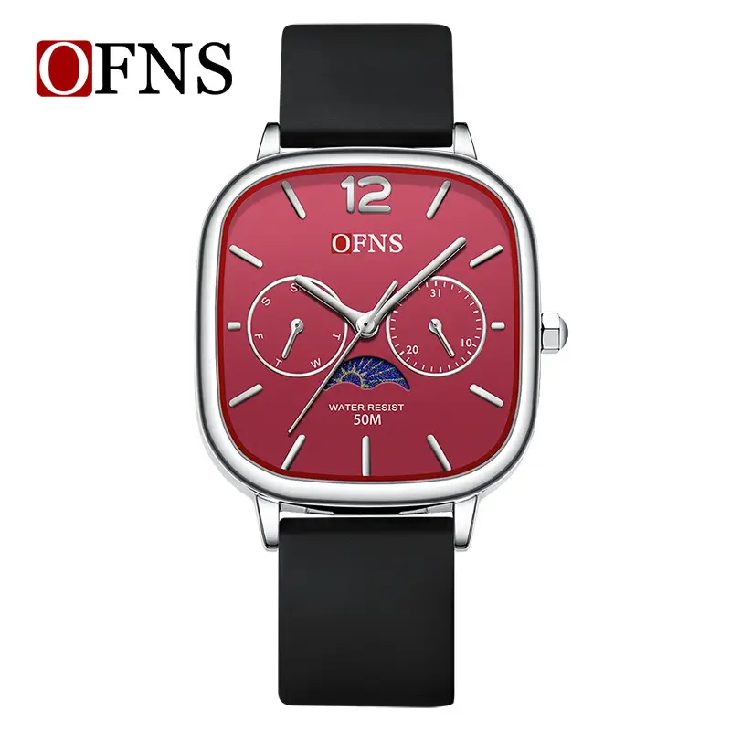 Oufs Women's Square Watch with Red Dial & Bamboo Strap - Image 5
