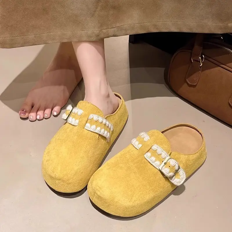 Women's Toe Cap Half Slippers Yellow Suede 2025 - Image 2