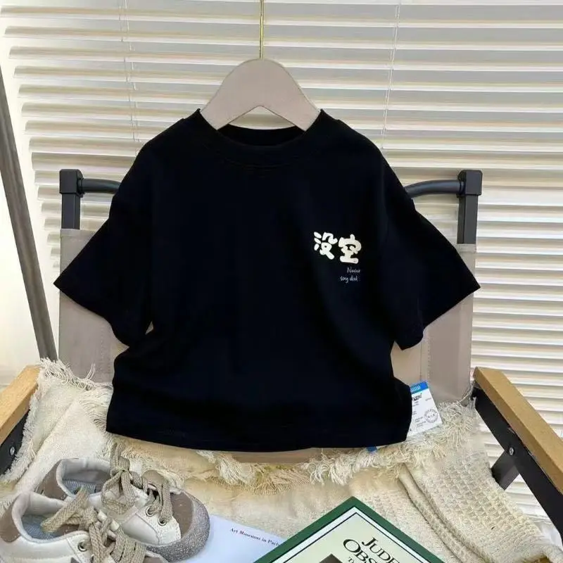 Kids Black Cotton T-Shirt Korean Print Loose Fit - Image 3