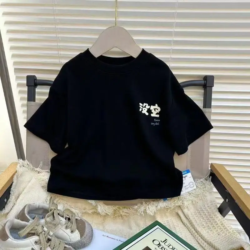 Kids Black Cotton T-Shirt Korean Print Loose Fit - Image 4