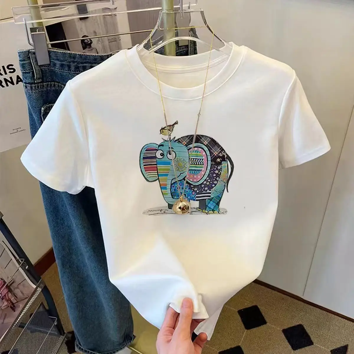 White Elephant Print Short Sleeve T-Shirt for Kids Girls Boys