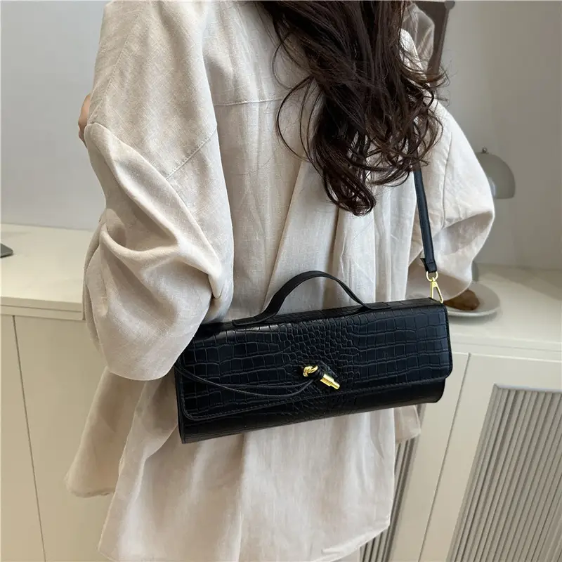 Black Diagonal Lock Shoulder Bag for Women - Image 7