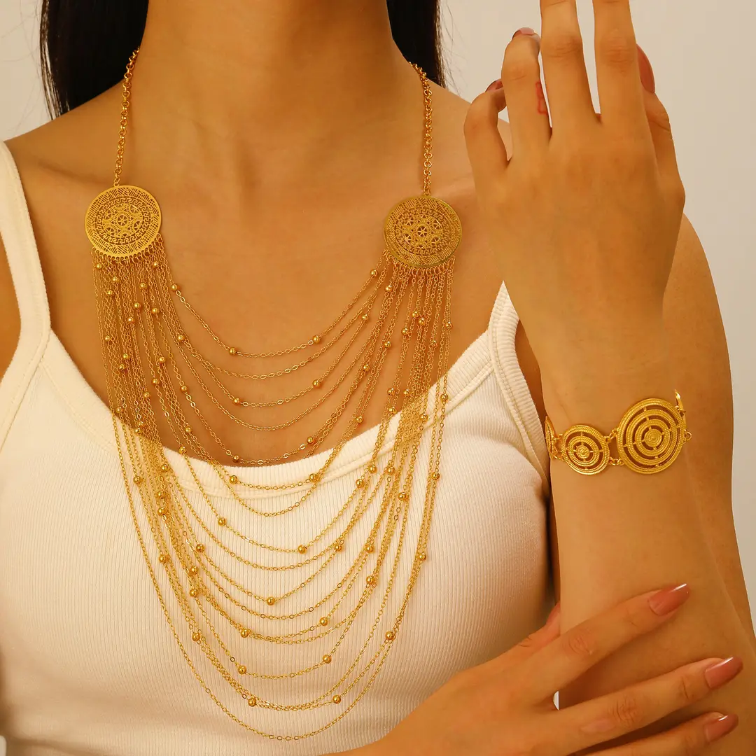 Desert Stars. Cross-Border Retro Gold Metal Multi-Layer Necklace Bracelet Set Ethnic Style Heavy Industry Celebration Jewelry