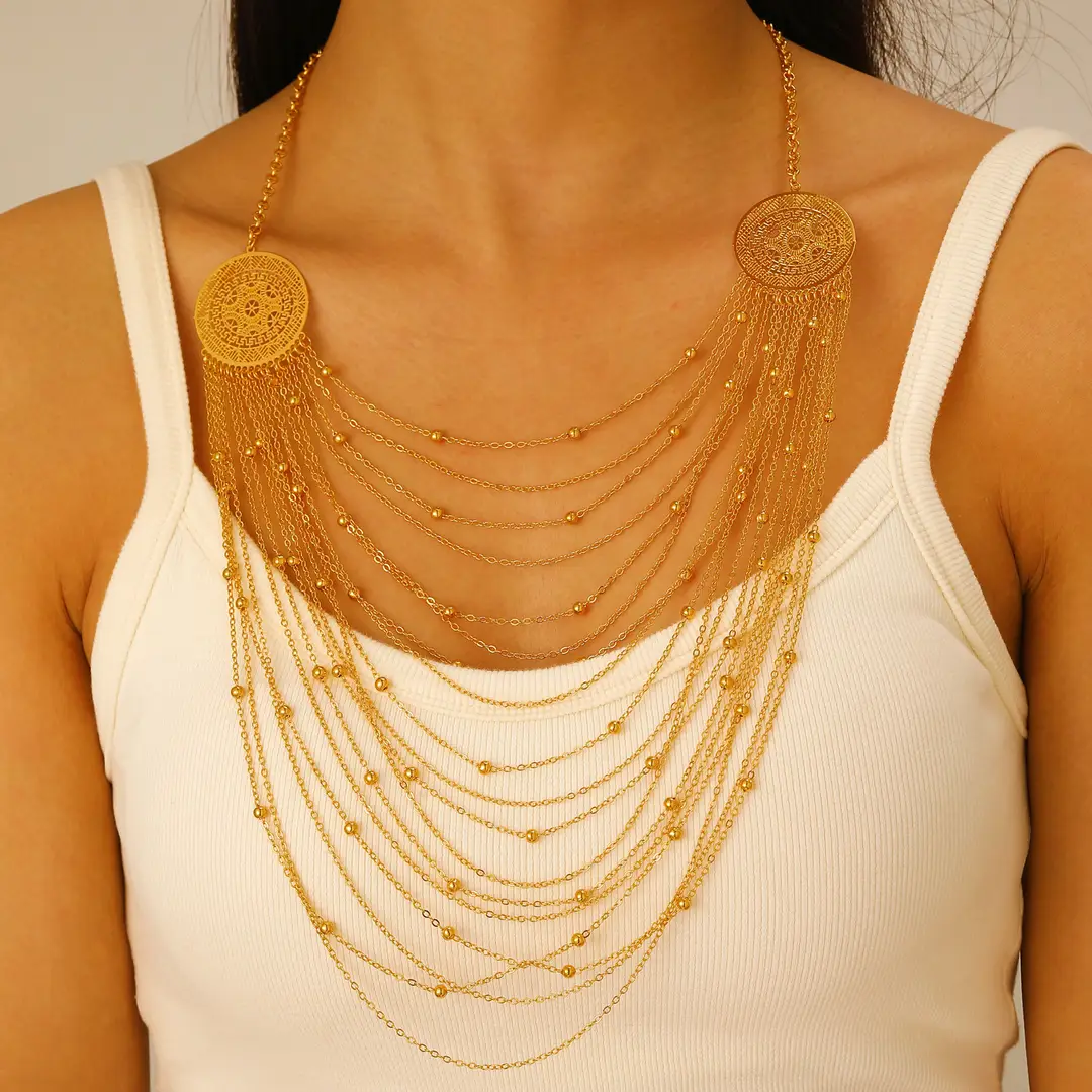 Desert Stars. Cross-Border Retro Gold Metal Multi-Layer Necklace Bracelet Set Ethnic Style Heavy Industry Celebration Jewelry