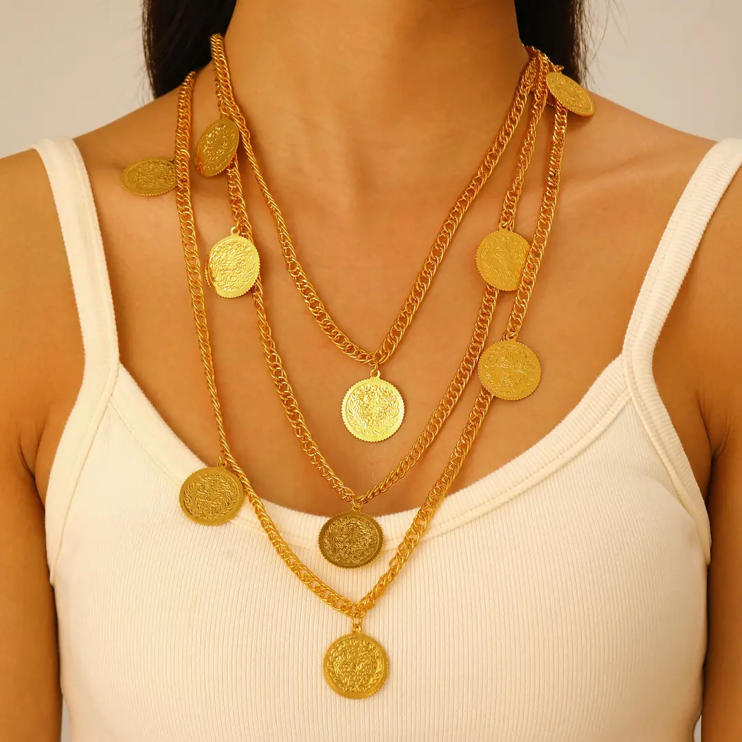 Desert Stars. Cross-Border Retro Gold Metal Multi-Layer Necklace Bracelet Set Ethnic Style Heavy Industry Celebration Jewelry