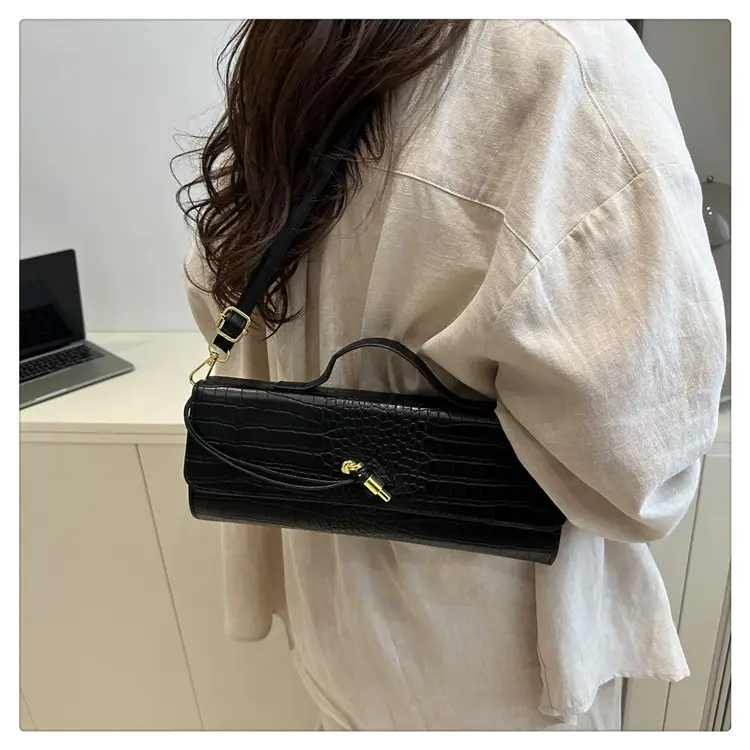 Brown Croc Leather Crossbody Bag with Gold Clasp — feature 20