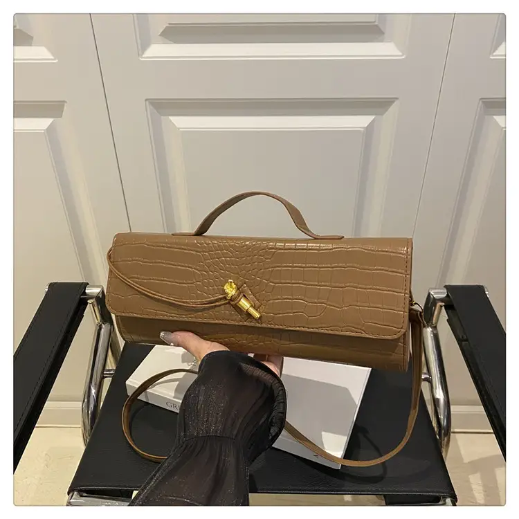 Brown Croc Leather Crossbody Bag with Gold Clasp