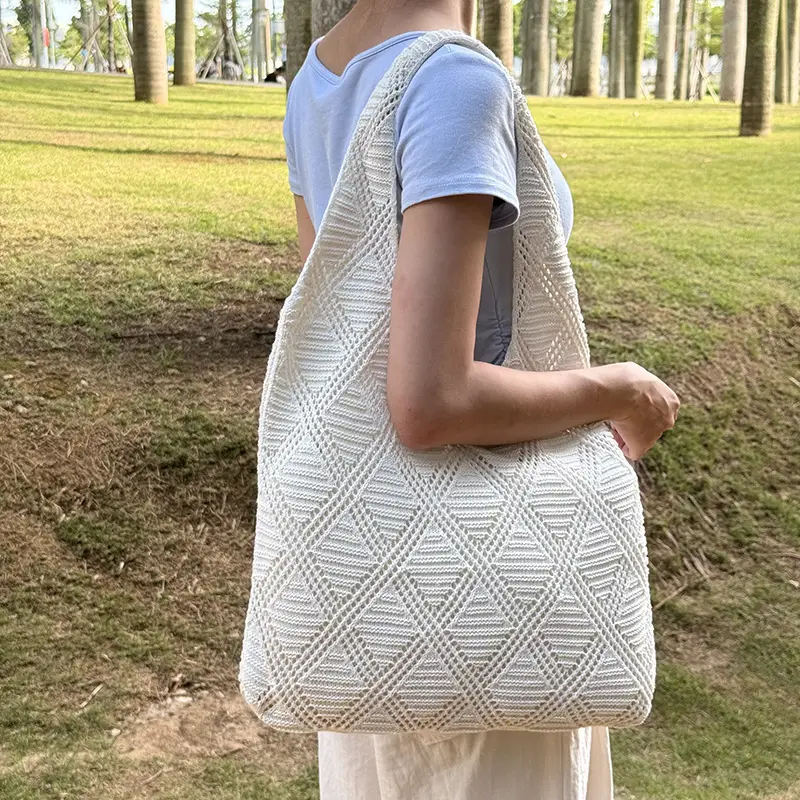 Women's Light Blue Knitted Shoulder Bag Large Capacity - Image 7
