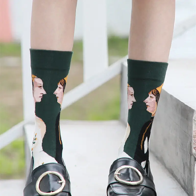 Autumn College Style Trendy Socks, Retro Oil Painting Socks for Women, Creative Colorful Korean Style Personality Mid-Tube Socks for Men, Zhuji Socks