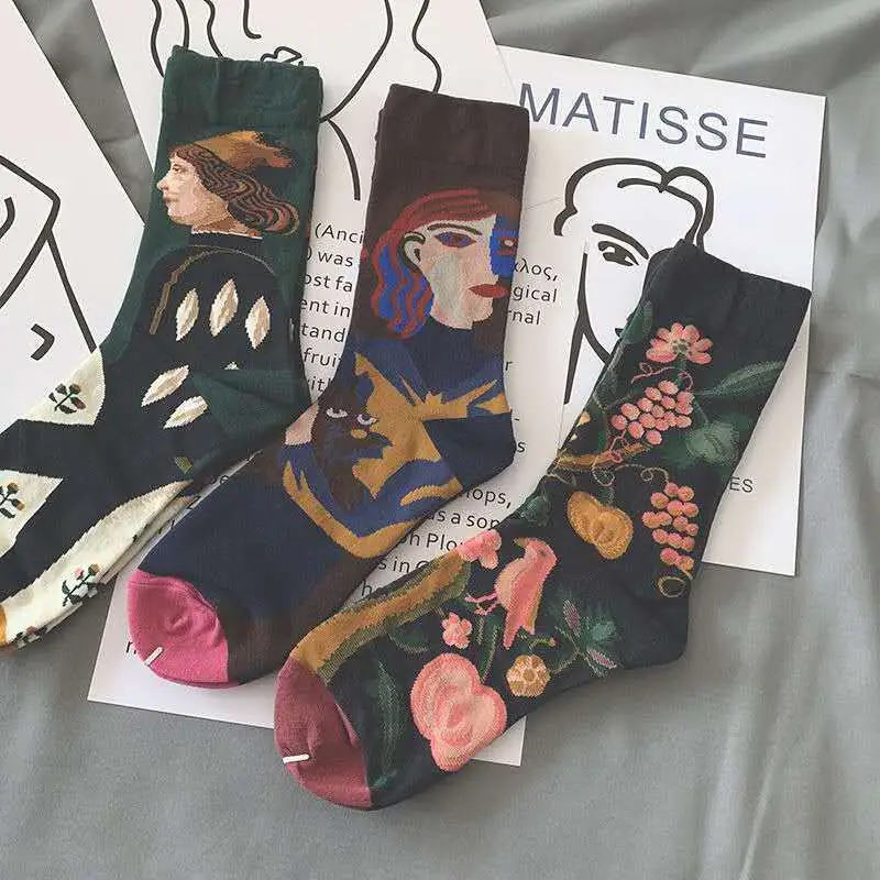 Autumn College Style Trendy Socks, Retro Oil Painting Socks for Women, Creative Colorful Korean Style Personality Mid-Tube Socks for Men, Zhuji Socks