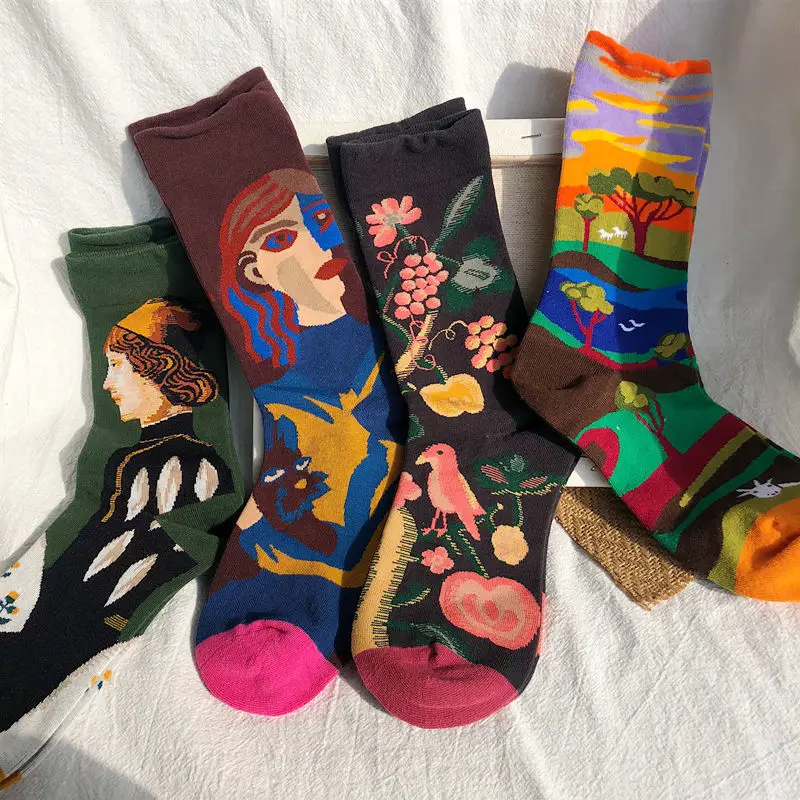 Autumn College Style Trendy Socks, Retro Oil Painting Socks for Women, Creative Colorful Korean Style Personality Mid-Tube Socks for Men, Zhuji Socks — feature 2